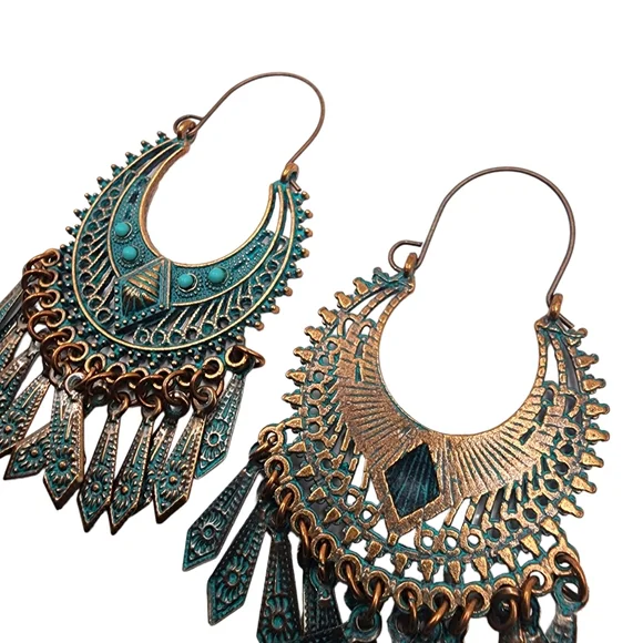 Lira Tribal Spear Earrings Metal Fringe Vintage Bronze Blue Bohemian Turquoise - Picture 3 of 4